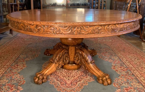 Antique Oak 60" Round Dining Table with Carved Apron & Edge with 6 leaves Cover