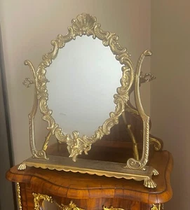 Antique French Rococo Vanity Mirror Brass Tabletop Mirror Cherub Detail Ornate - Picture 1 of 10