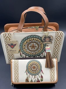 Purse Handbag Cross Body Tote Leather Dream Catcher Hand Made Artisanal 2pc - Picture 1 of 12