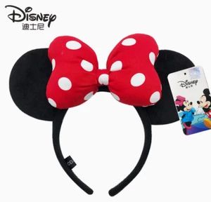 Disney Parks Black Minnie Mouse Satin Polka Dot Red Bow Ears Headband US - Picture 1 of 2