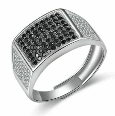 Anillo de compromiso de plata de ley 925 de 2,00 quilates de corte redondo negro y circonita cúbica en racimo para hombre Foto 1 de 4