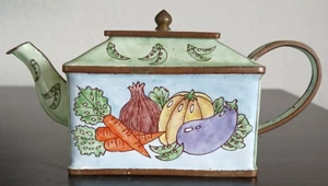 Enamel Miniature Vegetable Pattern Teapot 2.6" Tall Vintage - Picture 1 of 24