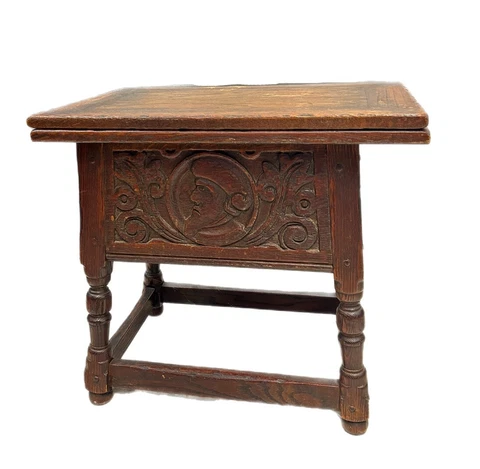 Antique English Oak Carved Jacobean Bench Table Storage Bible Box Turned Leg Cover