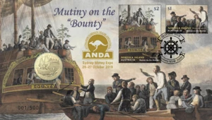 Estampilla Mutiny on The Bounty 2019 y moneda de $1 pnc Show Sydney Money Expo - 500 - Imagen 1 de 1