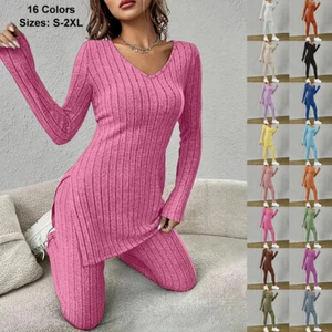 Women Ladies Lounge Wear Tracksuit Ribbed Loose Tops Pants Casual Co-ord Set US - Picture 1 of 31