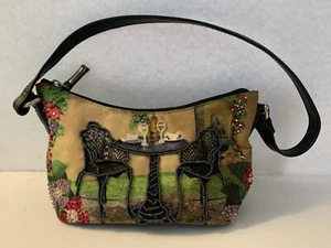 Small Boho Intricate Beaded Hand Bag Purse Cafe Scene w/ Floral Flowers Colorful - Picture 1 of 6