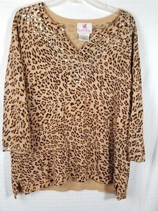 Quacker Factory Women's Brown Animal Print Embellished Sweater Top Size XL  - Picture 1 of 5