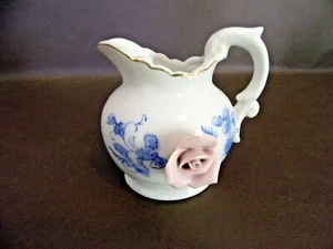 Blue & White Ceramic Creamer/Pitcher With Pink Raised Flower (Imperfect) - Picture 1 of 9