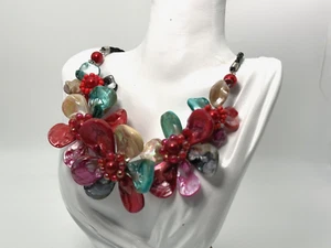 Vintage Necklace Abalone Paua Mexico Flowers Chunky Multicolour Leather Strap - Picture 1 of 9
