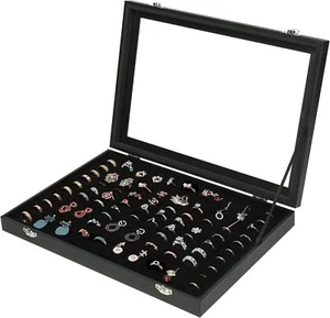 Ring Organizer Box 100 Slots Storage Display Case Tray Holder PU Leather Black - Picture 1 of 6