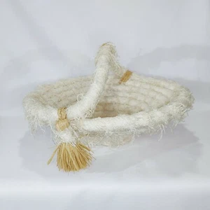 Handcrafted Fabric Wrapped Coil Basket with Handle Raffia Trim Accents 14"  - Picture 1 of 11