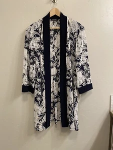Roz & Ali Women’s NWT Plus Sz 22 (2x) Navy Blue/White Open Long Cardigan Duster - Picture 1 of 21