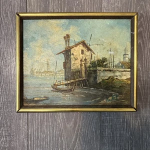 Vintage Framed Oil Painting Water Scene Boat Realism Signed European Artist - Picture 1 of 12