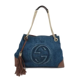 Auth GUCCI Soho Interlocking G Chain Shoulder Bag Denim Leather Blue Brown F/S - Picture 1 of 21