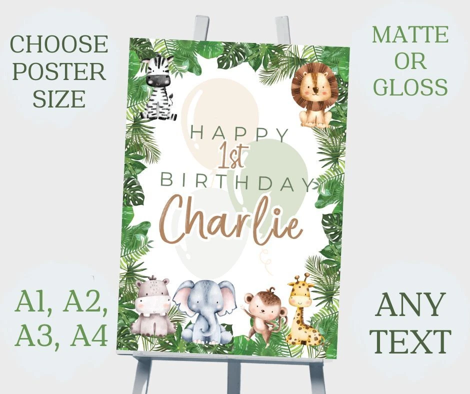 Персонализированный диких животных сафари тема день рождения вечеринки знак плакат A1 A2 A3 - Изображение 1 из 1