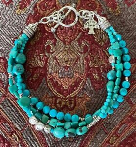 REDUCED-SUNDANCE Peyota Bird fantastic 7" turquoise&silver multi strand bracelet