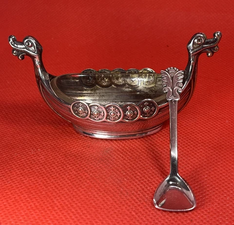 Vintage Norway 830 Sterling Silver Salt Cellar & Matching 830 Spoon Viking Ship Cover