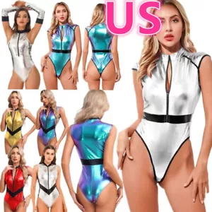 Damen Glänzender Alien Body Hochgeschnitten Tanga Catsuit Halloween Cosplay Kostüm - Bild 1 von 95