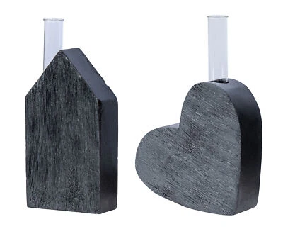 Vase Herz Haus Reagenzglas H13cm Mangoholz Schwarz Glas Tischdeko Liebe Deko - Bild 1 von 4