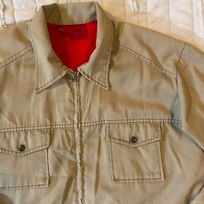 VTG Dickies Jacket Mens 44 Long Khaki Canvas Red Fleece Lined Mechanics Work 70s - Image 1 of 4