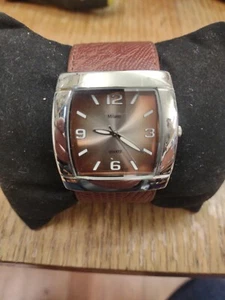 Vintage Japan Quartz Milano 1" Wide Cuff Watch Silver Brown Leather  - Picture 1 of 6