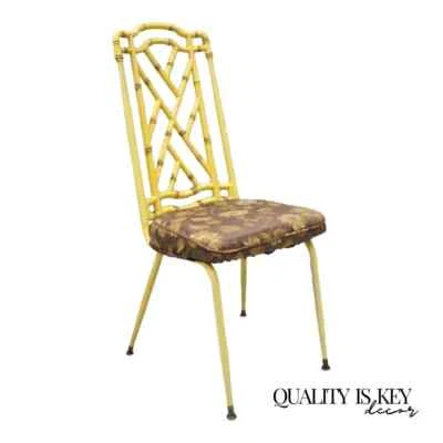 Hollywood Regency Chinese Chippendale Yellow Metal Faux Bamboo Dining Side Chair - Image 1 of 4