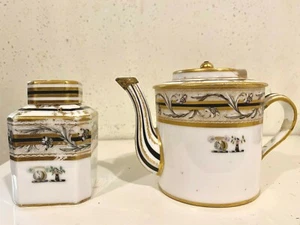 Armorial Porcelain Teapot and Tea Caddy Set Gold Trim - Picture 1 of 12