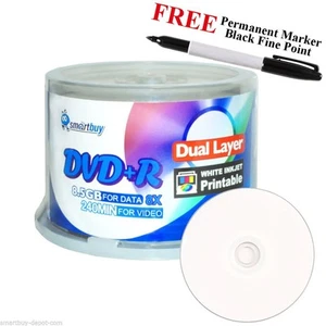 50 discos imprimibles por inyección de tinta blanca Smartbuy DVD+R DL 8X 8,5 GB + marcador fino negro - Imagen 1 de 3