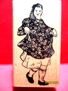 KEN BROWN LADY DANCING FLORAL DRESS RUBBER STAMP WOOD MTD VINTAGE - Picture 1 of 3