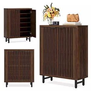 Modern Wood Slatted Shoe Storage Cabinet Cupboard Entryway Organizer Farmhouse - Picture 1 of 12