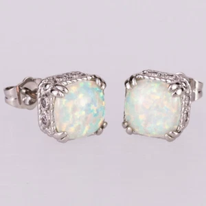 8x8 Cushion White Fire Opal Cabochon Silver Jewelry Simple Stud Earrings - Picture 1 of 6
