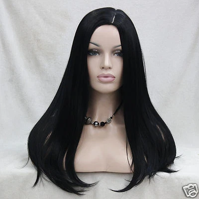 New heat resistant hair jet black no bangs long straight side skin part top wig - Image 1 of 4