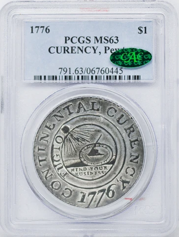 1776 CONTINENTAL $1 PCGS MS 63 Cover