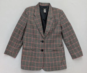 Vintage Women's Blazer Jacket Size 12 Black Red Plaid Houndstooth Wool Blend - Picture 1 of 15