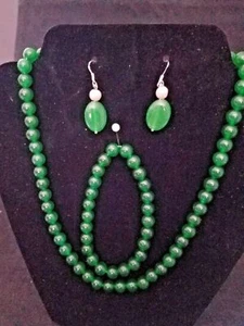 Natural 8mm Green Jade Round Beads Gems Necklace Bracelet Earring Set 18" 7.5" - Picture 1 of 5