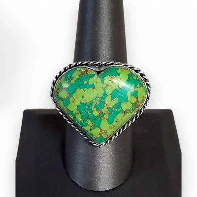 Anillo Corazón Turquesa Verde Vena Oro Dama 925 Esterlina Talla 9.25 Foto 1 de 4