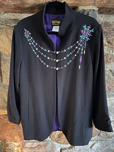 Bob Mackie Blazer Women's XL Black Wearable Art Jacket Embroidered Purple Lined - Picture 1 of 12