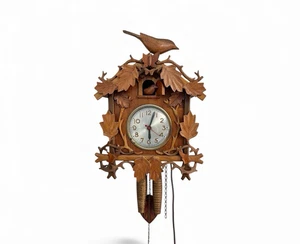 Vintage Sessions Kuckucksuhr Holz geschnitzt Blätter Vogel Motor läuft für Teile Mängel - Bild 1 von 24