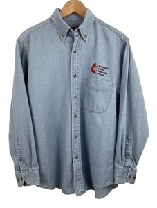 Jerzees Vintage Blue Denim Button Up Shirt Mens Size M Normandy Church - Picture 1 of 6