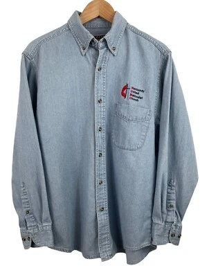 Jerzees Vintage Blue Denim Button Up Shirt Mens Size M Normandy Church - Image 1 of 4