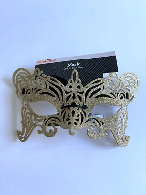 New GOLD Glitter Eye Face Mask Masquerade MARDI GRAS Halloween Party Costume - Image 1 of 4