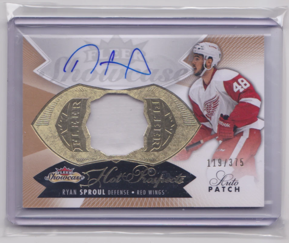 2014-15 FLEER SHOWCASE HOT PROSPECT PATCH & AUTO /375 RYAN SPROUL #184 RED WINGS - Image 1 of 2