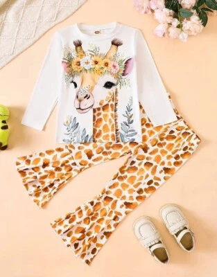 NUEVO Conjunto Conjunto Conjunto de Pantalones Campana Manga Larga Jirafa Niñas Foto 1 de 4