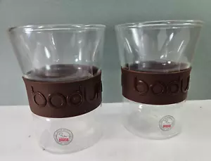 2 Bodum Glasses with Brown Silicone Grip Sleeve 8 Ounce Double Glass 4" Cups - Picture 1 of 11