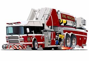 Cartoon Fire Truck 911 Red Semi Wall Graphic Decal Sticker Man Cave Garage Decor