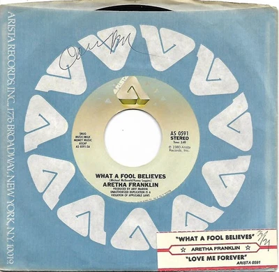 Aretha Franklin, What A Fool Believes/Love Me Forever 45 VG++ 1980 Arista - Image 1 of 2