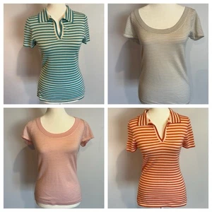 Henri Bendel Top Lot Medium Cashmere Silk Short Sleeve Striped Pink Blue Women’s - Picture 1 of 18