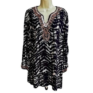 Top túnica Akita Soft Surroundings para mujer talla M con cuentas azul marino rayón Raypm - Imagen 1 de 13