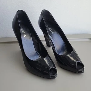 PRADA Heels Black Open Peep Toe Slides Vero Cuoio Size 36 - Picture 1 of 6
