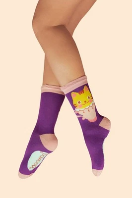 Bamboo Ladies Ankle Socks In Lavender Afternoon Tea Kitten Design And Gift Bag — 第 1/2 张图片